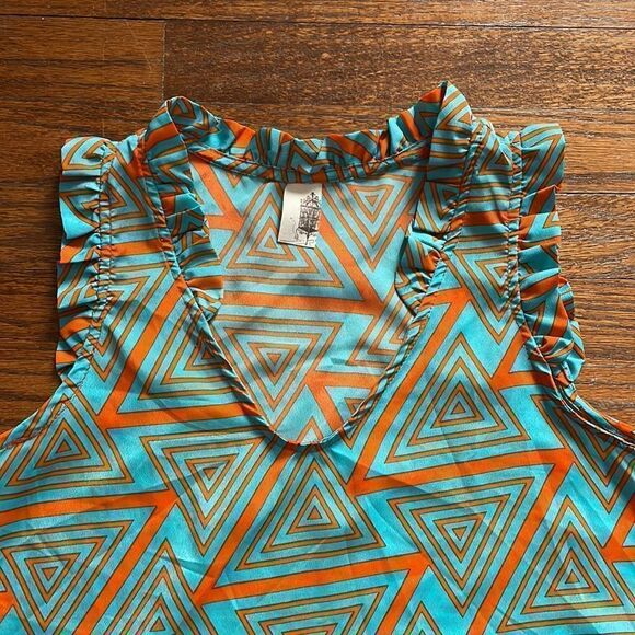 Anthropologie Lili’s Closet Teal and Orange Geometric Ruffle Tank Top - Picture 2 of 4